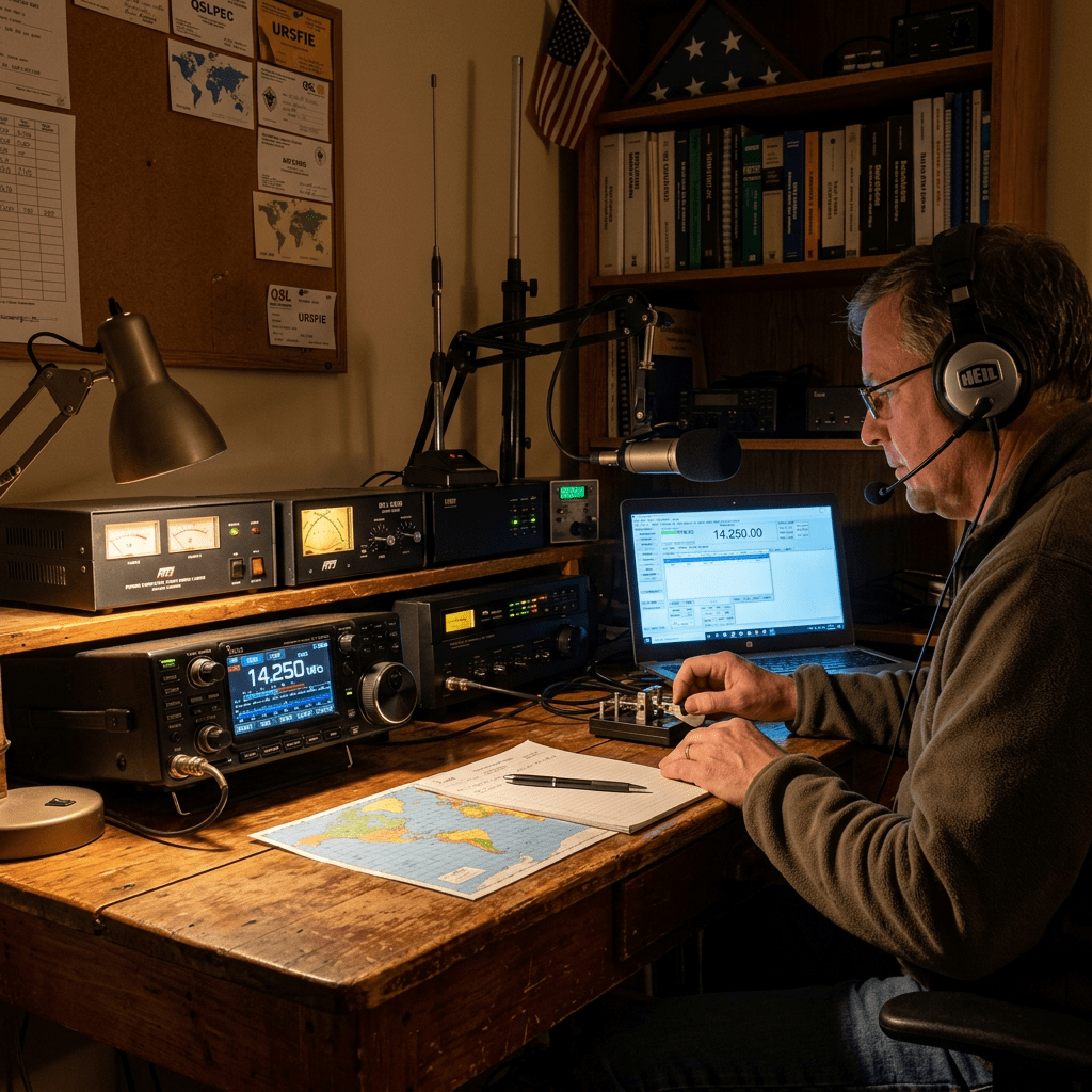 Man operating amateur radio station with transceiver, microphone, and laptop